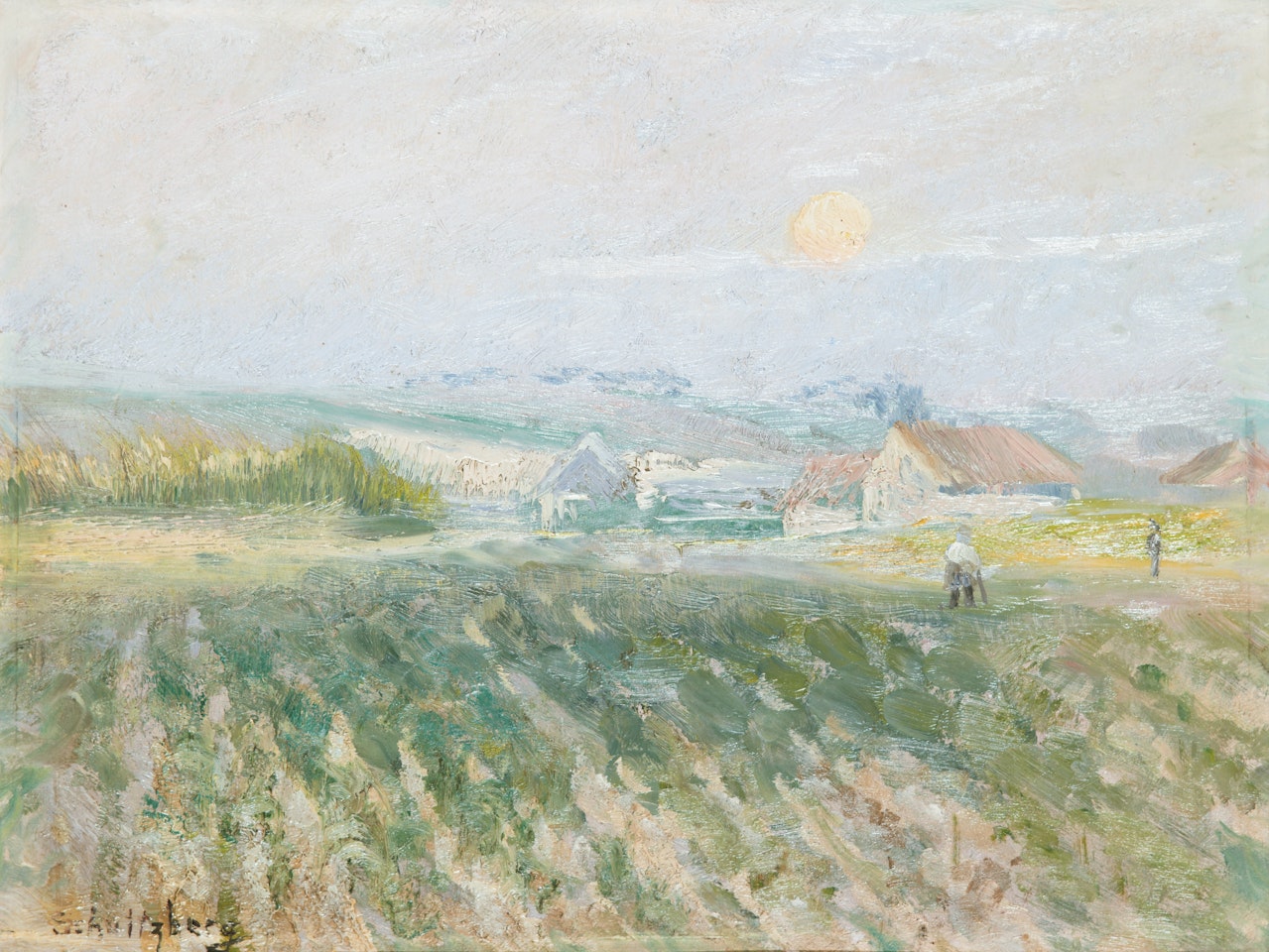 French landscape with farmhouse and figures by Anshelm Schultzberg