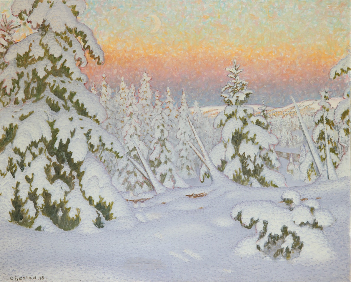 Winter landscape at dusk by Gustaf Fjaestad