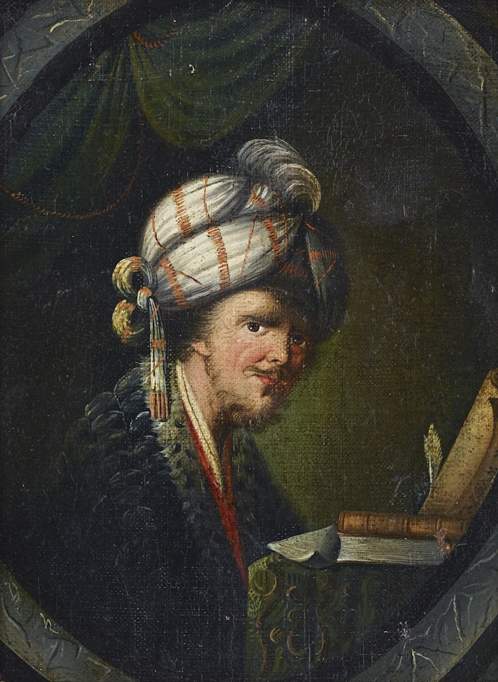 A philosopher in a stone window by French School