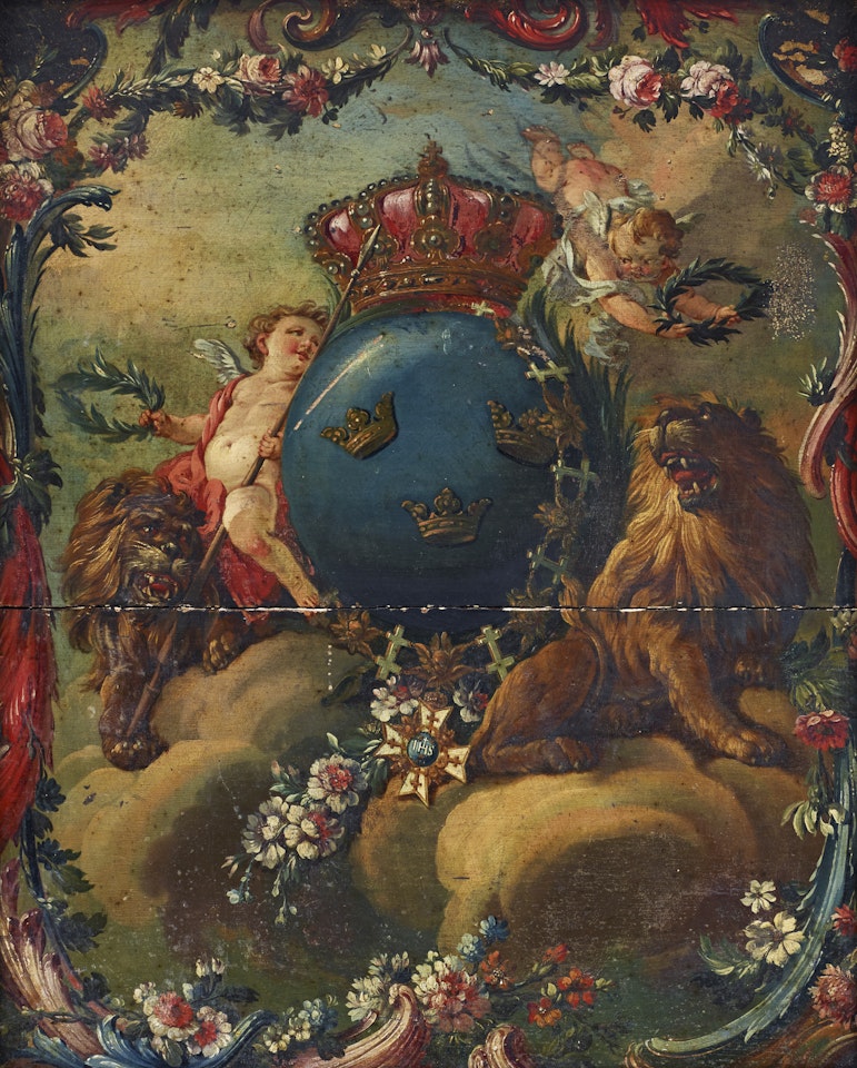 Sweden"s coat of arms in an allegorical scene by Johan Pasch