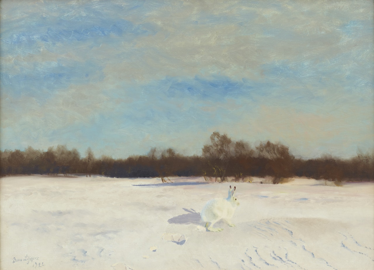Hare in winter landscape by Bruno Liljefors