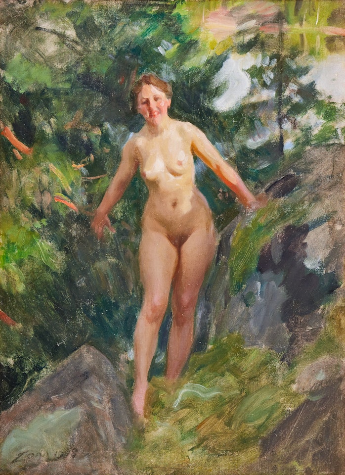"Nude in rocky forest" by Anders Zorn