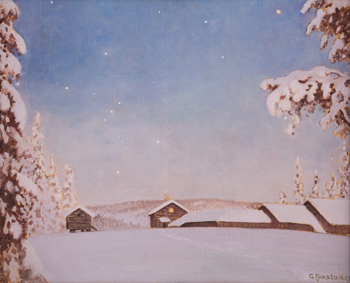 Winter night with farms by Gustaf Fjaestad