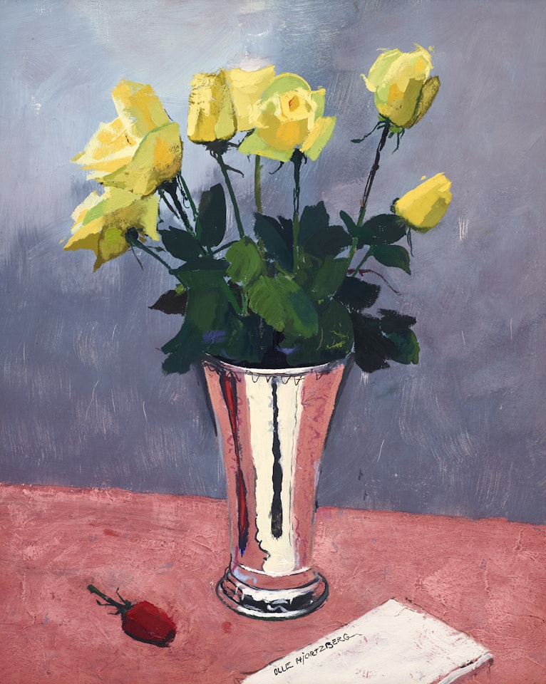 Yellow roses in a silver vase by Olle Hjortzberg