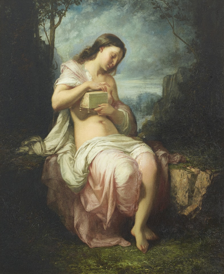 Circle of. Pandora opening the box by Jean Baptiste Camille Corot