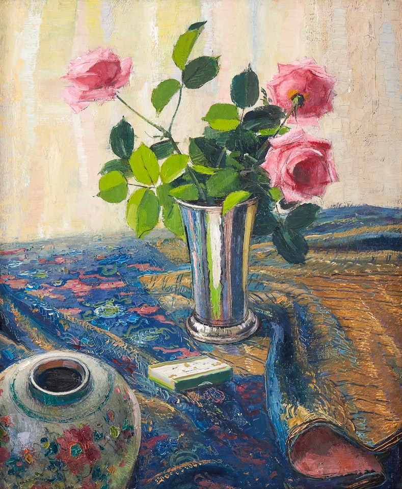 Still life with pink roses in silver goblet by Olle Hjortzberg