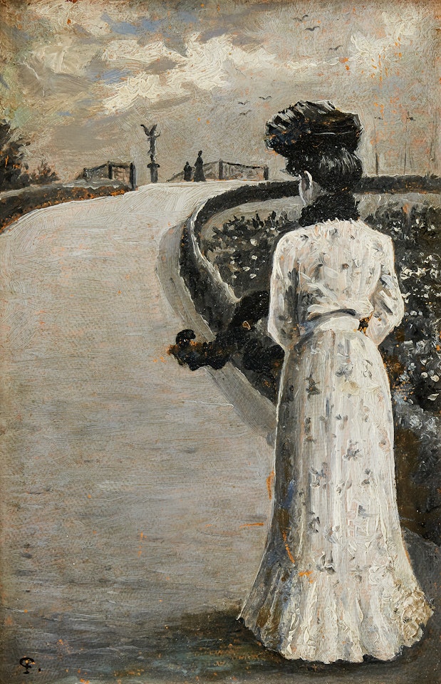 An elegant woman on a stroll in Langelinieparken in Copenhagen by Paul Fischer
