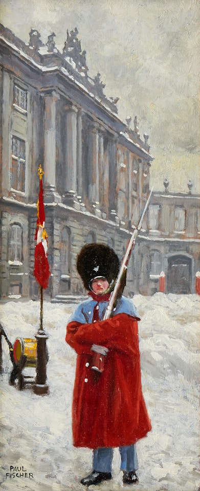 A royal guard at Amalienborg Palace in wintertime by Paul Fischer
