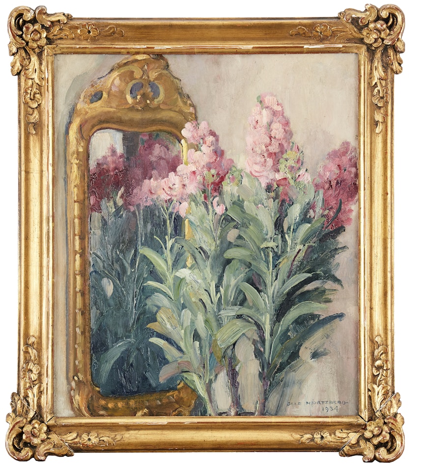 Pink flowers by rococo mirror by Olle Hjortzberg