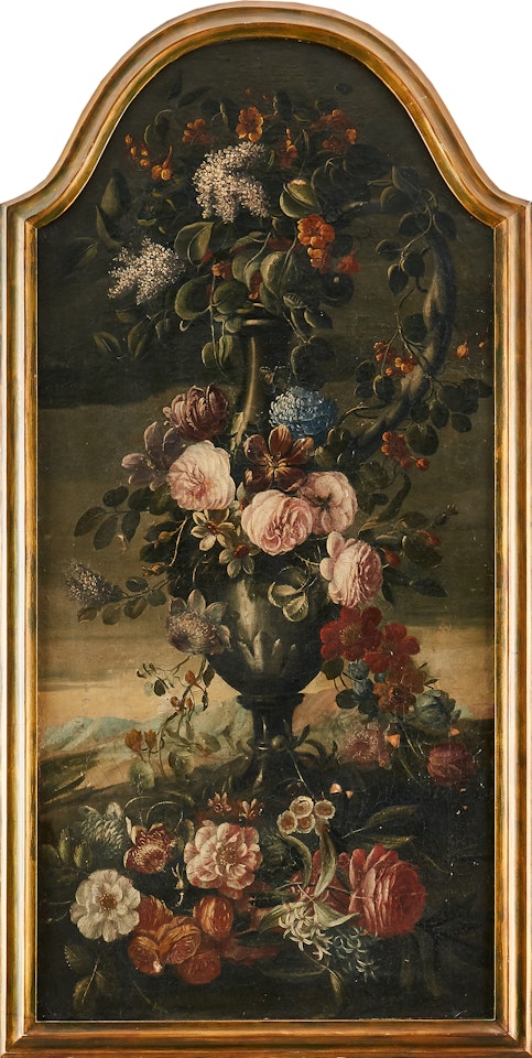 Floral still life in landscape by French School