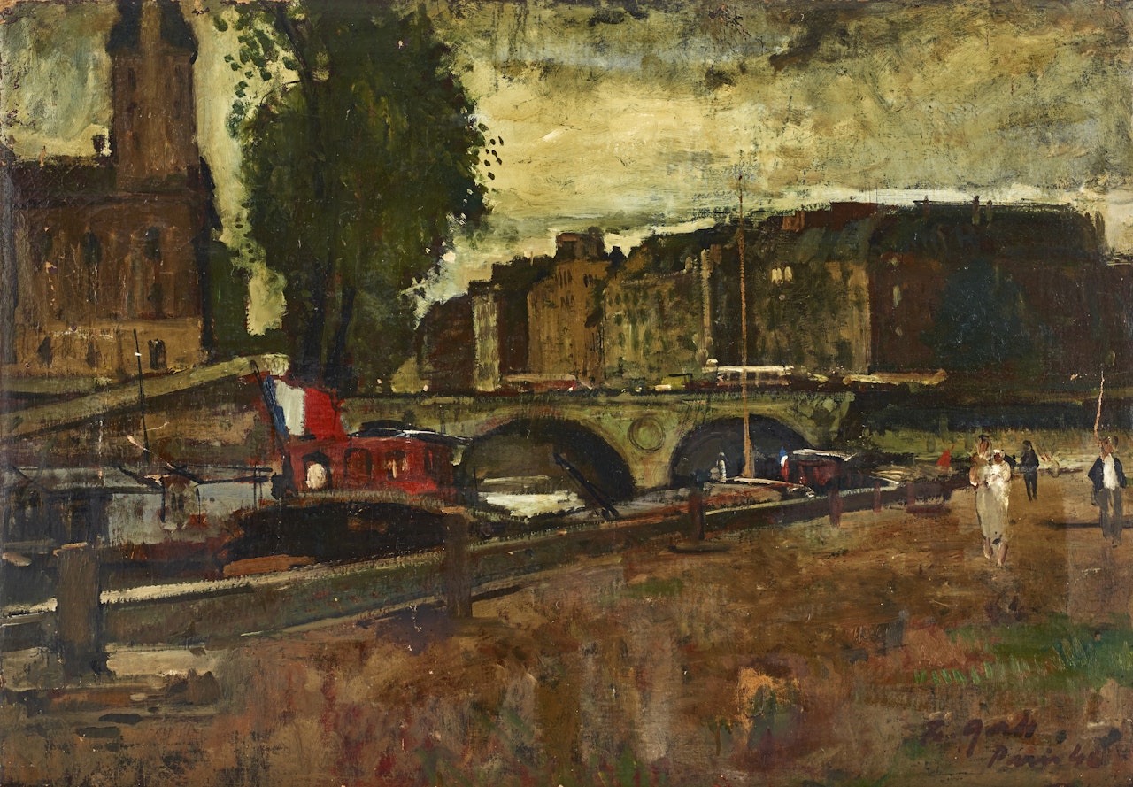 Barges at the quay in Paris by François Gall