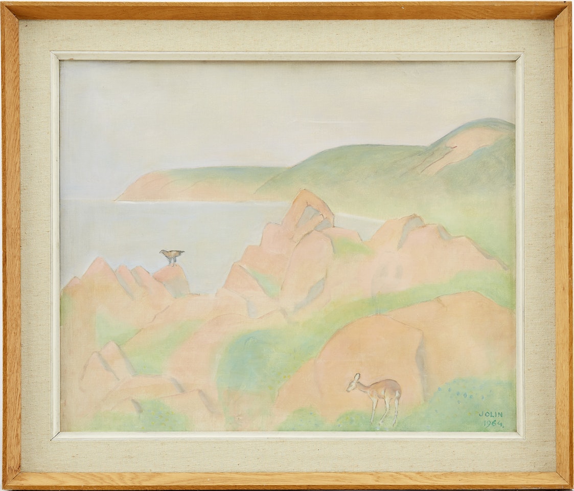 Deer and bird of prey on mountain top by Einar Jolin