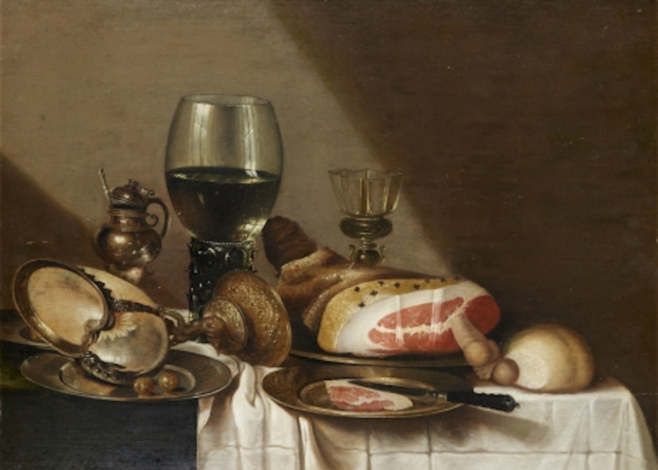 Still life with nautilus cup, glass and ham by Willem Claesz Heda
