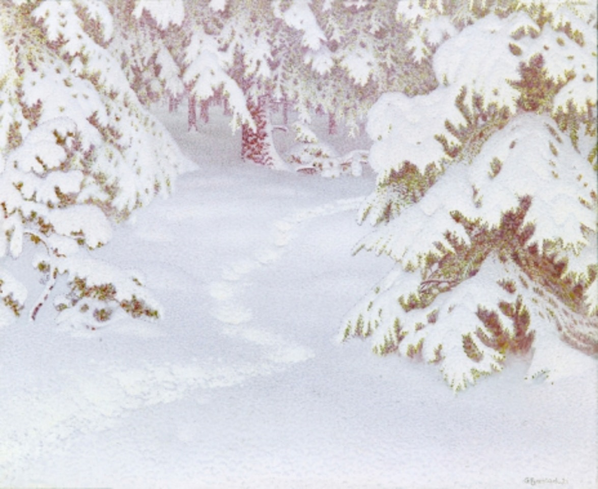 Winter landscape with snow-laden firs by Gustaf Fjaestad