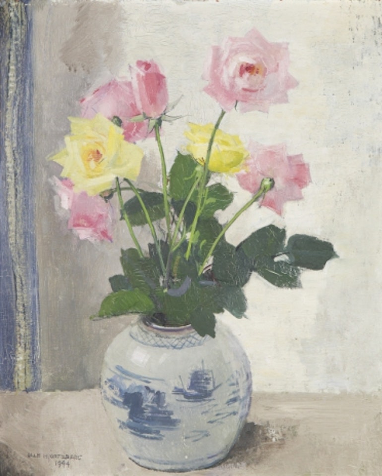 Still life with pink and yellow roses in the bow by Olle Hjortzberg