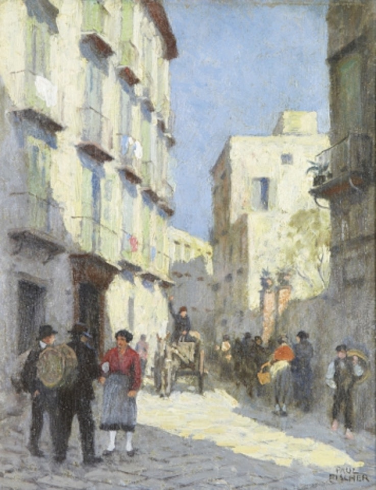 City street with figures by Paul Fischer