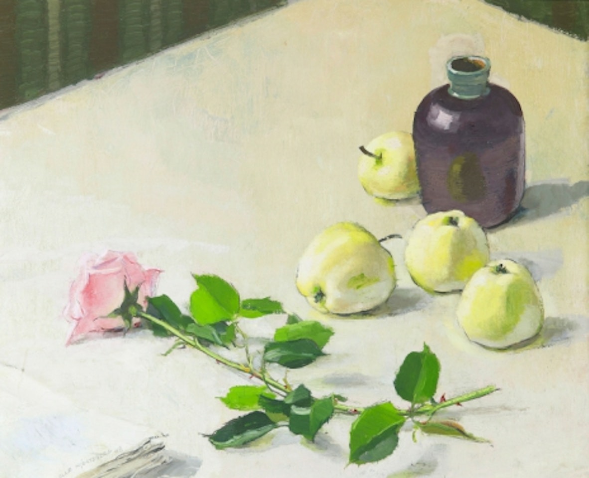 Still life with pink rose and apples by Olle Hjortzberg