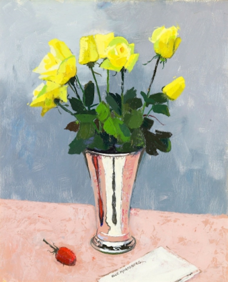 Still life with rose hips and yellow roses in a silver vase by Olle Hjortzberg
