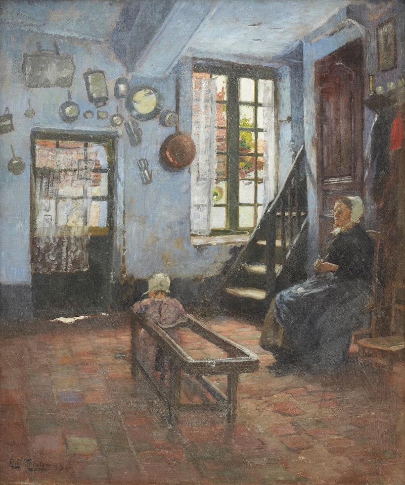 The Babysitter - Interior with child and woman by Fritz Thaulow