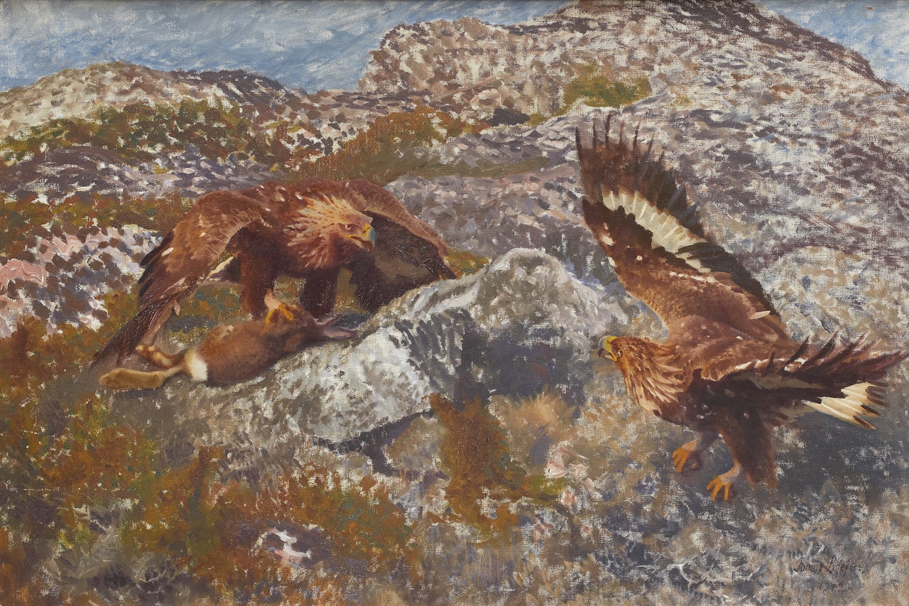 Golden eagles beat hares by Bruno Liljefors