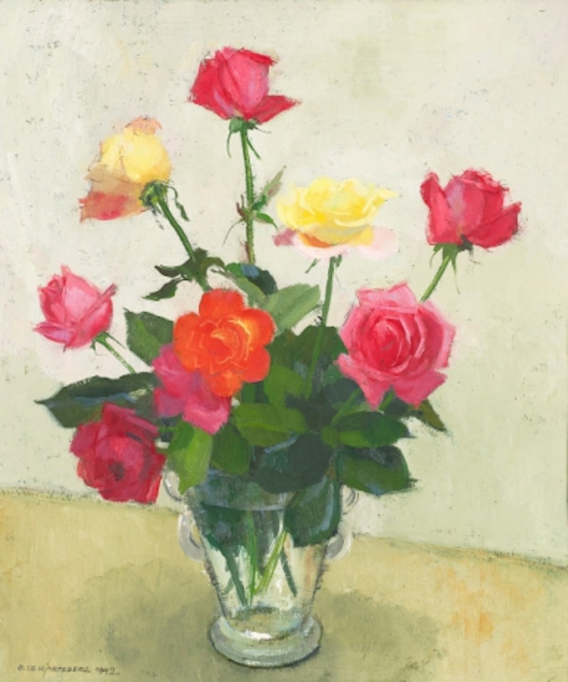 Still life with pink and yellow roses by Olle Hjortzberg