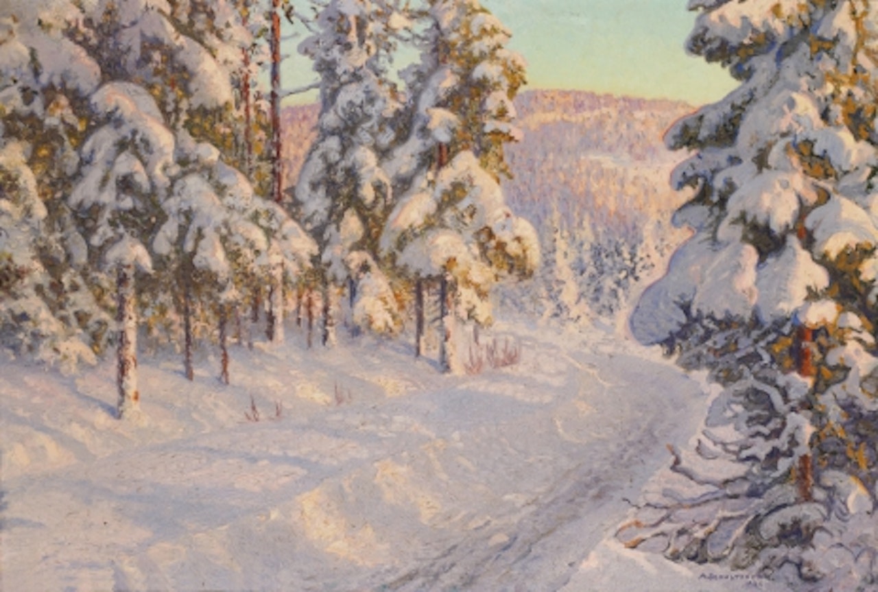 Winter landscape with snow-laden firs by Anshelm Schultzberg