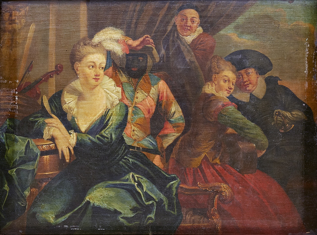 Masquerade - interior with Commedia dell"arte figures by Jean-Antoine Watteau