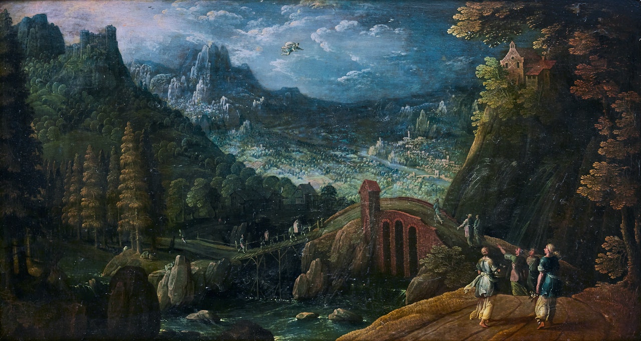 Herse and her maids spotted by Mercury on their way to the temple of Minerva, in a landscape (Ovid, Metamorphoses, II) by Tobias Verhaecht