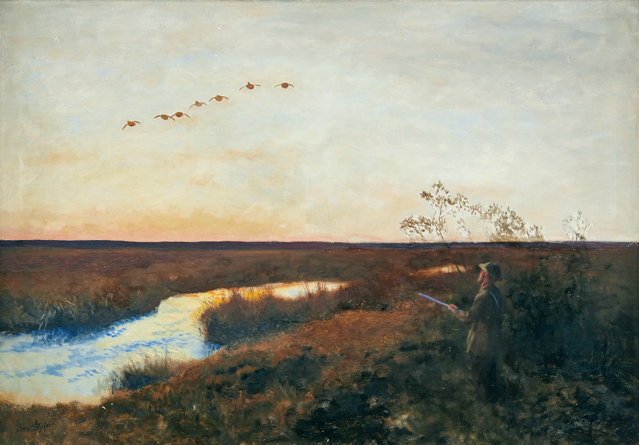Dusk over landscape with stretching ducks and hunters by Bruno Liljefors