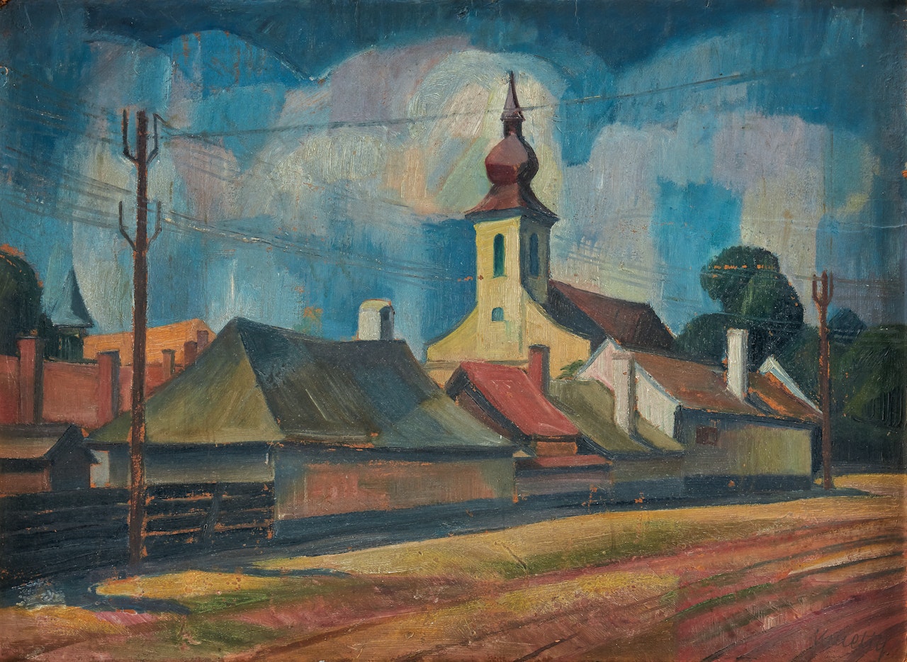 View of a church in a village by János Kmetty