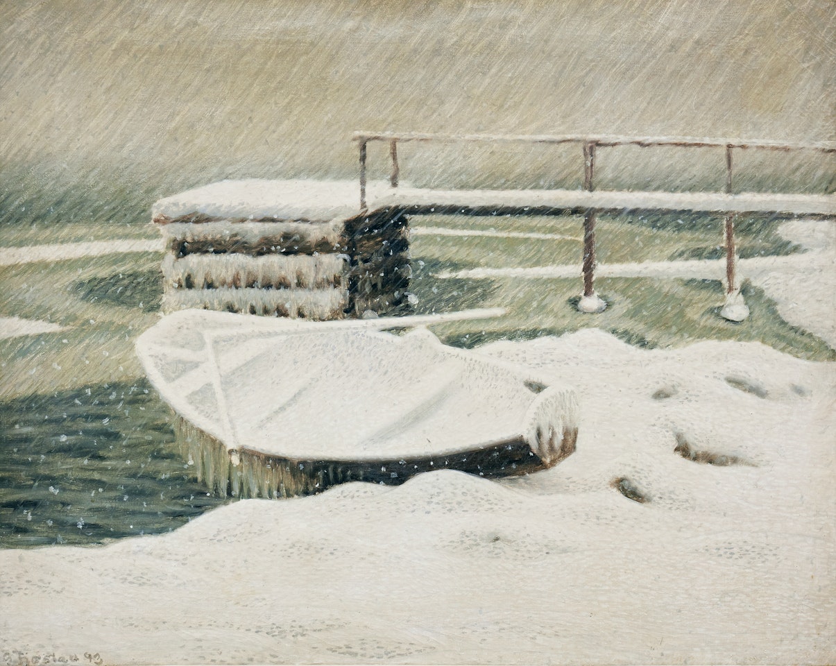Snow covered pier and oak tree by Gustaf Fjaestad
