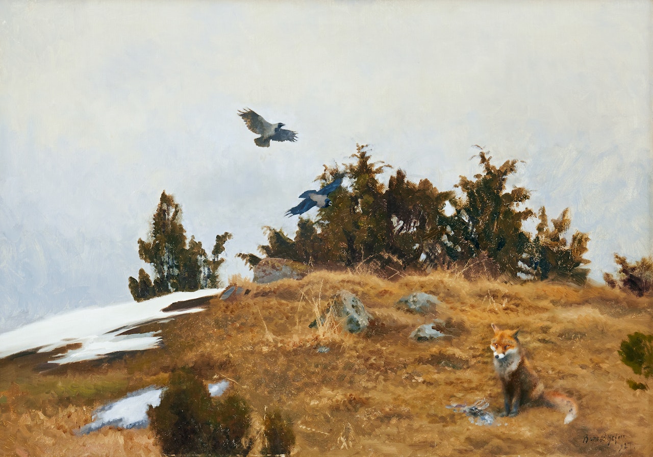 Fox with prey and crows in spring winter landscape by Bruno Liljefors