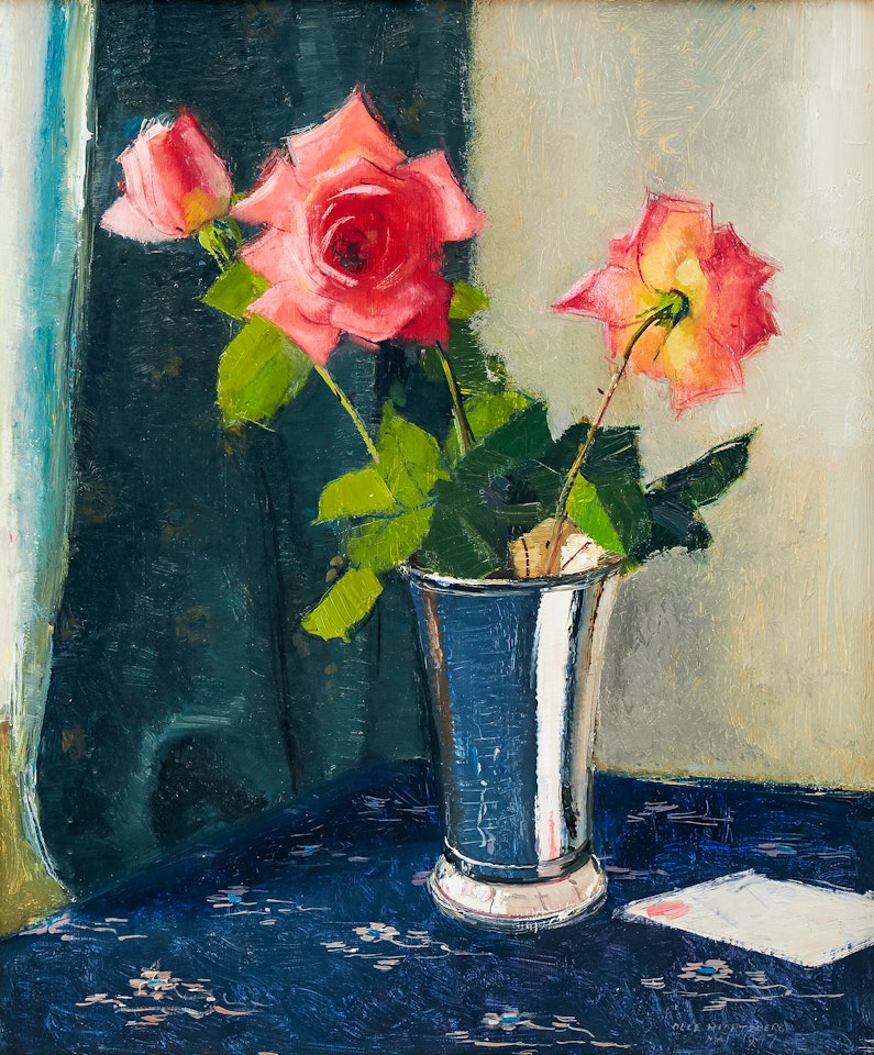 Pink roses in a silver vase by Olle Hjortzberg