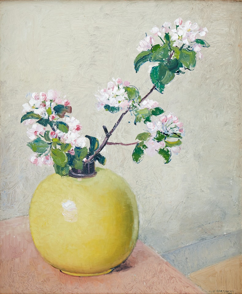 Still life with apple blossom in yellow vase by Olle Hjortzberg