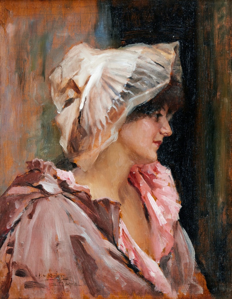 A Parisian woman in a pink peignoir by Albert Edelfelt