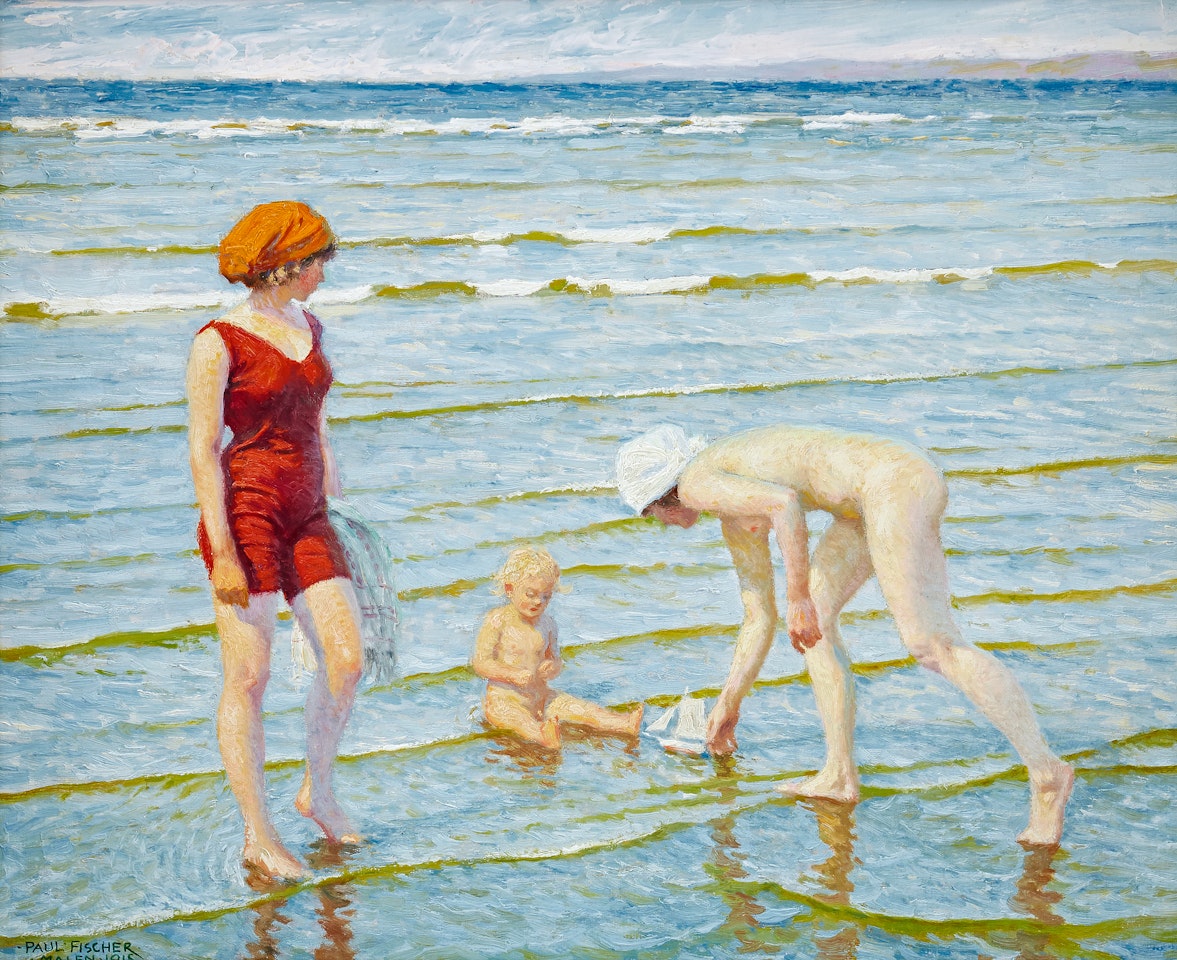 Two women and a child playing on the beach - Malen, Båstad by Paul Fischer