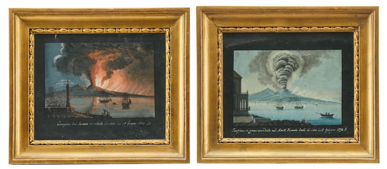 "Eruzione del Vesuvio accaduta la sera dei 15 giugno 1794" and "Eruzione di genere accaduta nel Monte Vesuvio dalle 16 fino a 18 giugno 1794" - by Neapolitan School