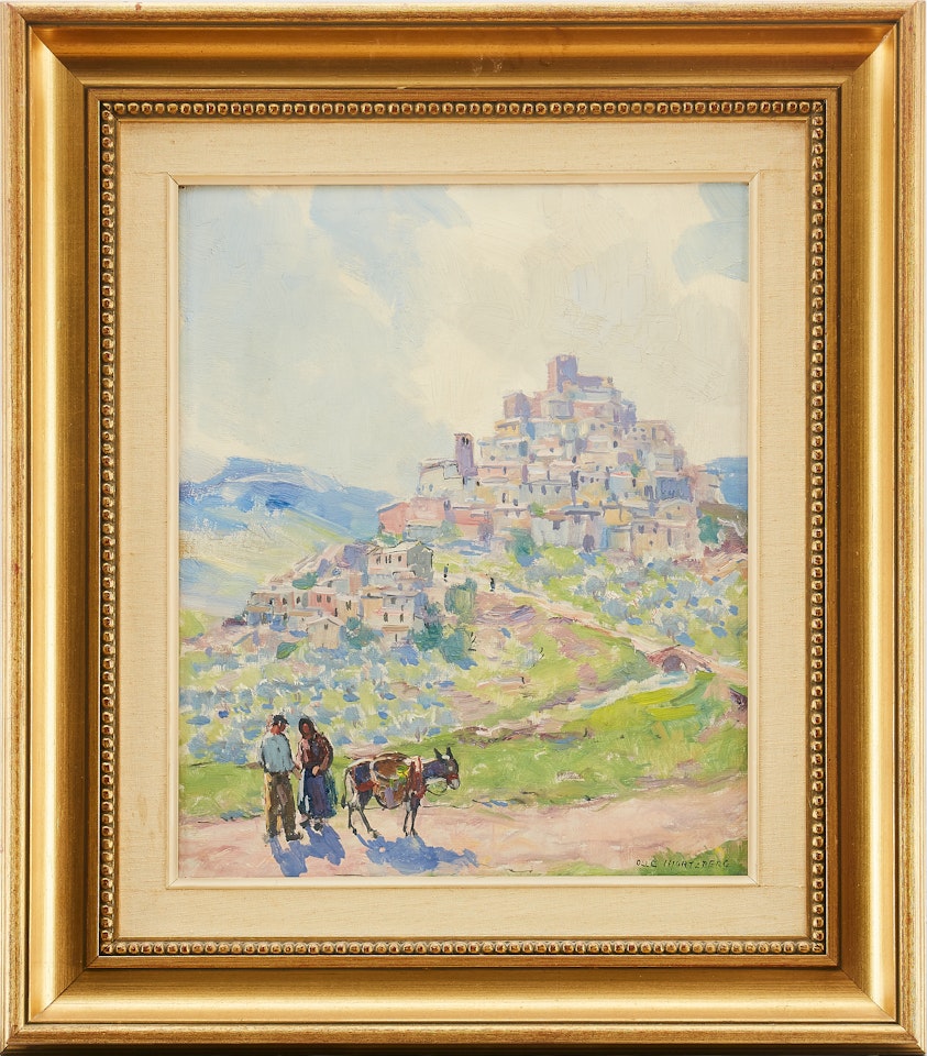 Company with a donkey in a southern landscape by Olle Hjortzberg