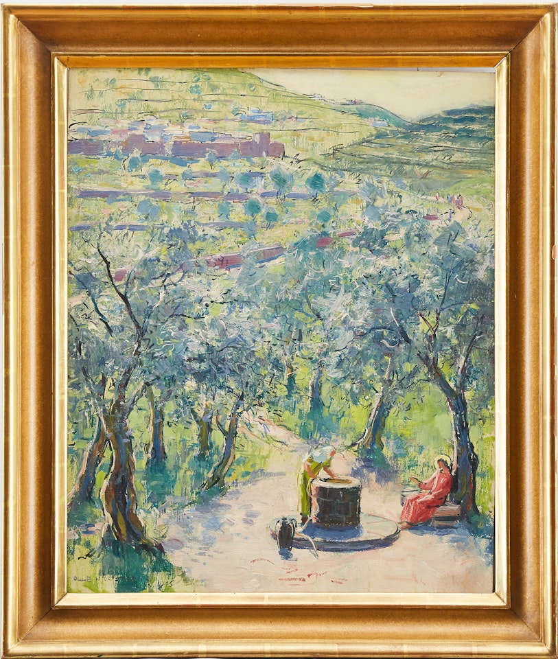 Women at the well in a southern landscape by Olle Hjortzberg