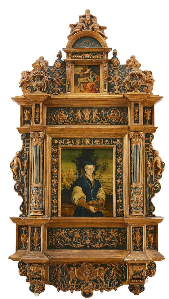 Woman with casket in a landscape by a fortified city, as well as Interior with a woman writing and a man with a book by German School