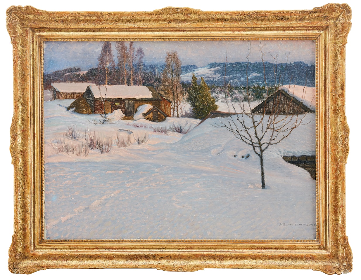 Cottages in a winter landscape by Anshelm Schultzberg