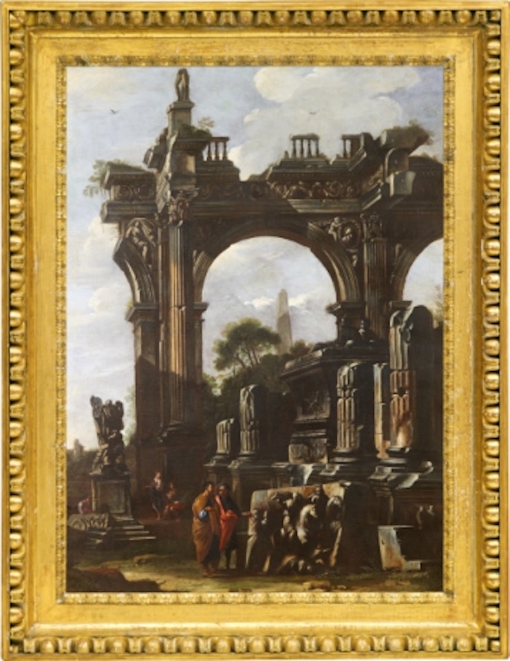 Landscape with temple ruins and conversing figures by Giovanni Ghisolfi