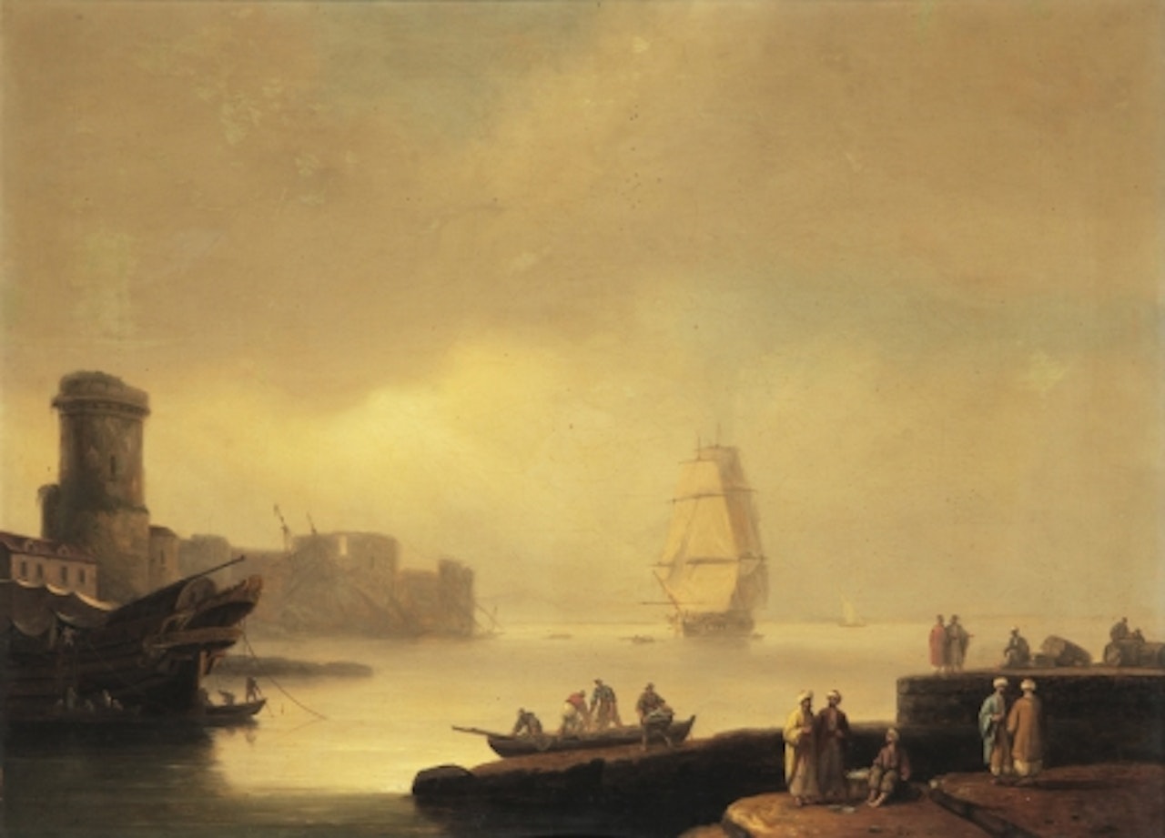 Harbor motif with ships and figures by Thomas Luny