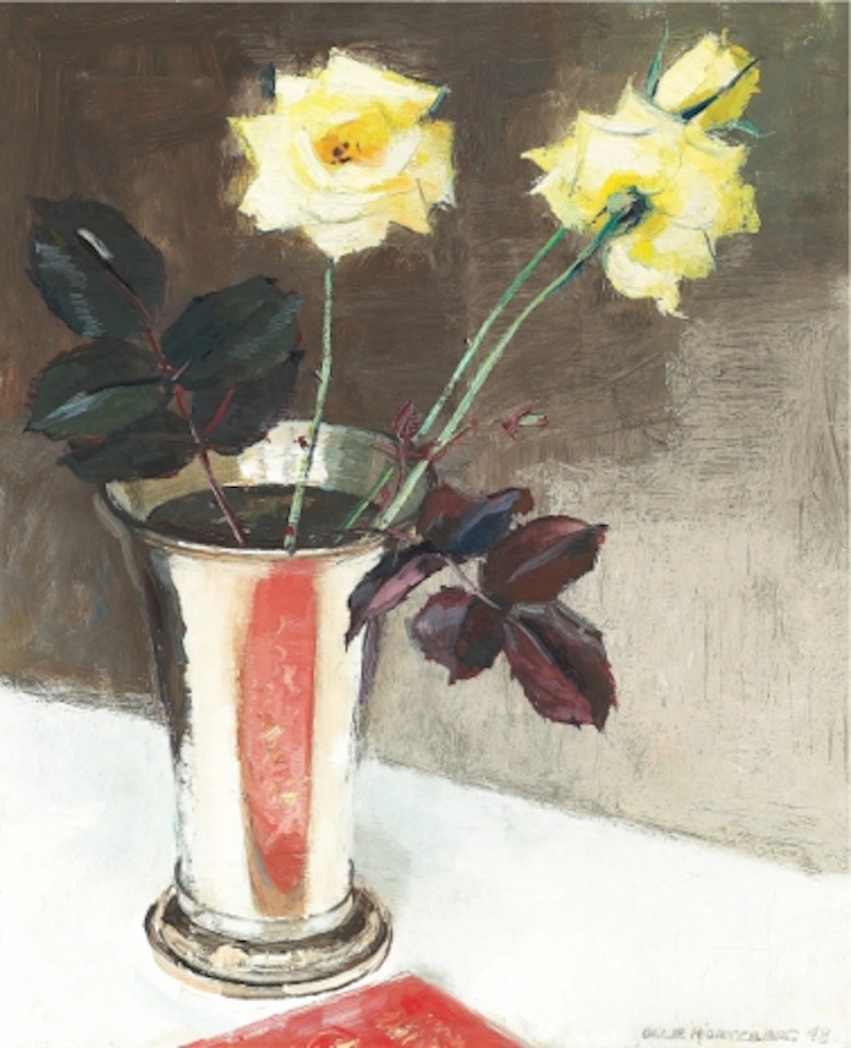 Yellow roses in silver vase by Olle Hjortzberg