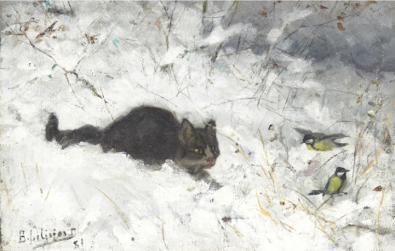 On the hunt - cat and tall wagtails in a winter landscape by Bruno Liljefors