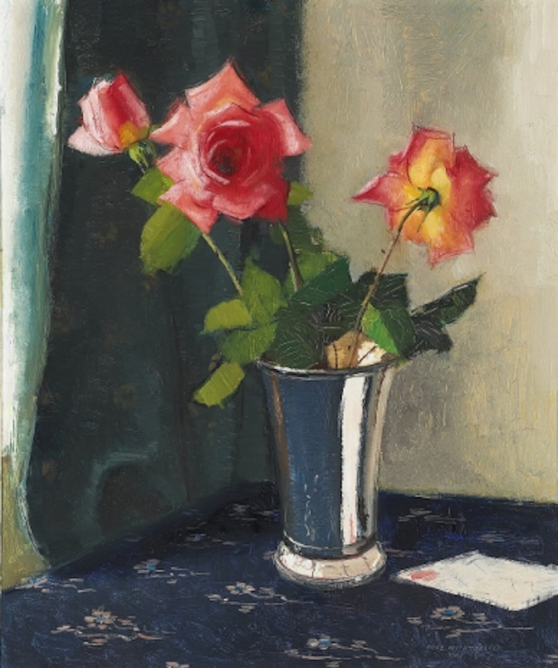 Red roses in silver vase by Olle Hjortzberg