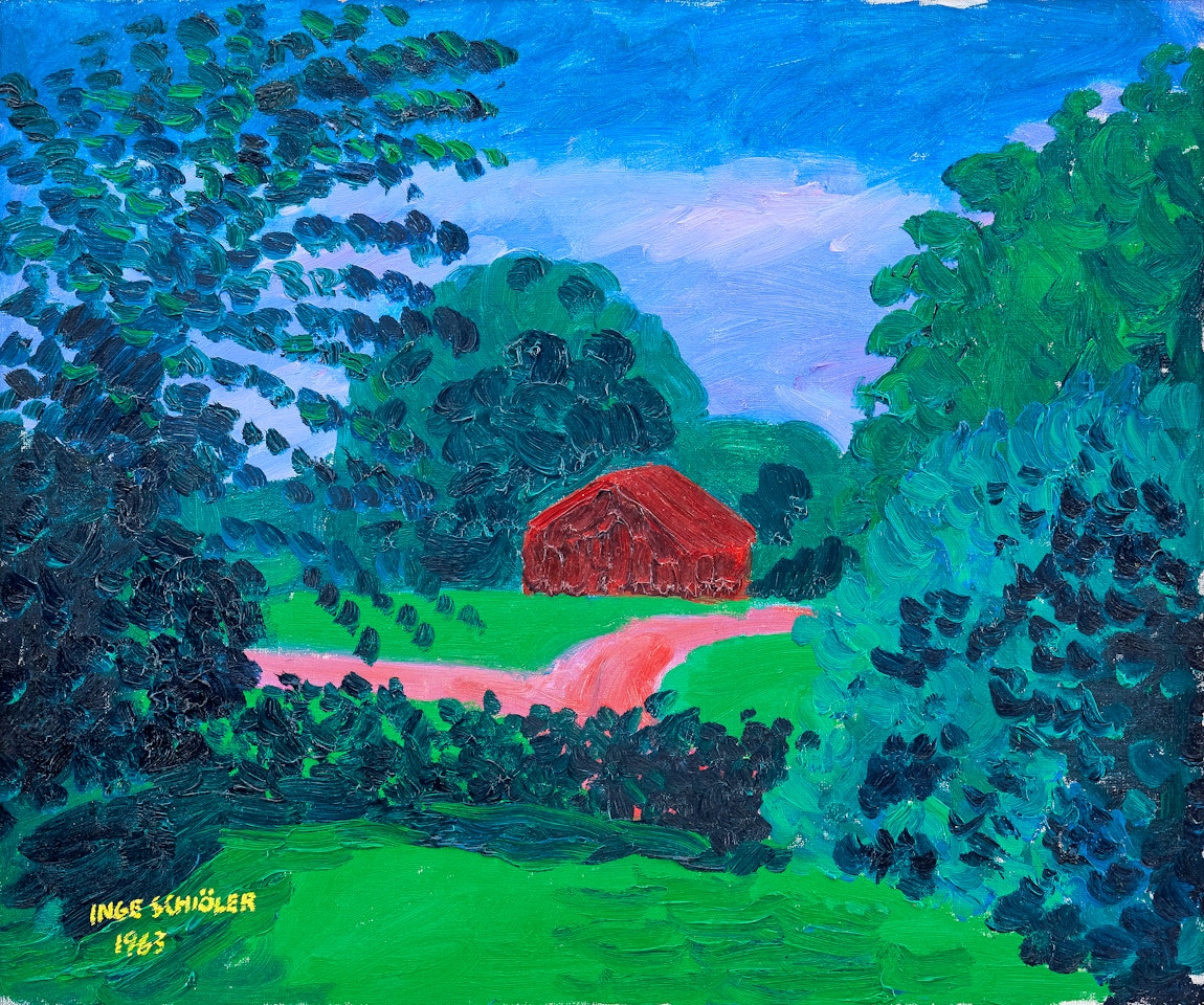 Summer greenery by red cottage by Inge Schiöler