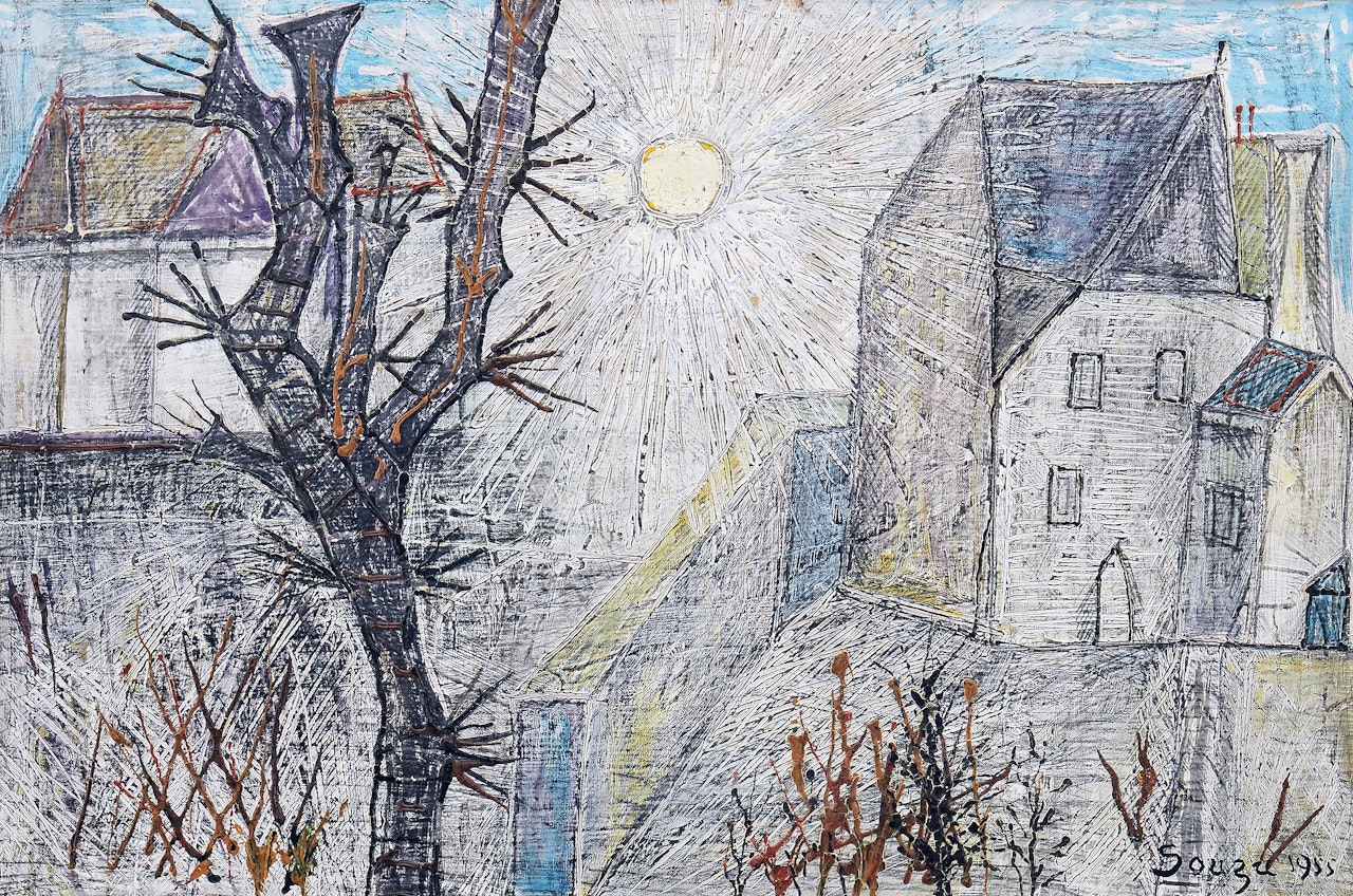 Sunlit landscape with tree and house by Francis Newton Souza