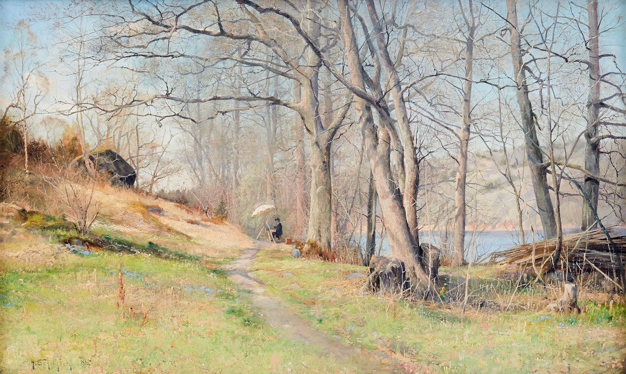 "Spring" - landscape with artist at easel under parasol by Anshelm Schultzberg