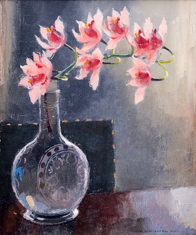 Orchid in glass bottle by Olle Hjortzberg